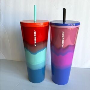Starbucks Set of 2 Blue Tumblers Lid 24 oz